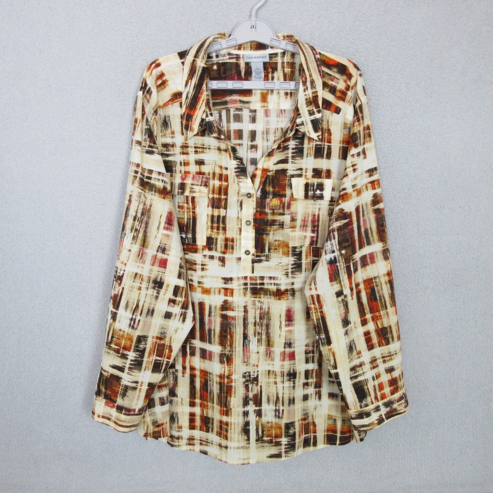 Catherines Blouse Womens 4X Multicolor Abstract Plaid Button Up Long Sleeve Top